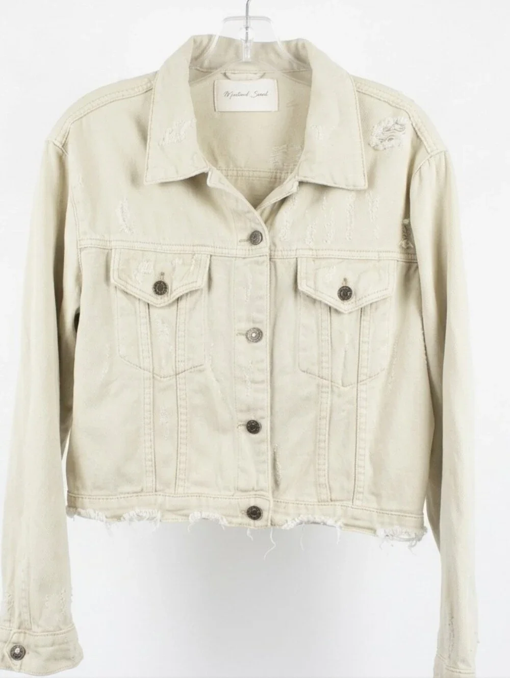Mustard Seed Cropped Light Tan Distressed Denim Jacket Womwn's Size Small - Picture 1 of 9